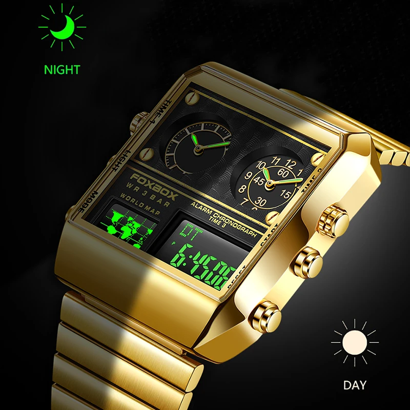 2023 FOXBOX New Top Brand Luxury Fashion Men Watches Gold Stainless Steel Sport Square Digital Analog Big Quartz Watch for Man