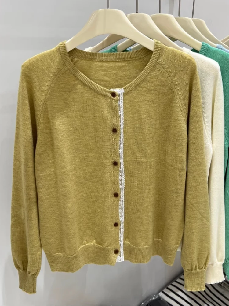 Dames herfst winter 2025, nieuwe lange mouwen, casual, veelzijdige trui, Franse O-hals, kanten rand, enkele rij knopen, gebreid vest