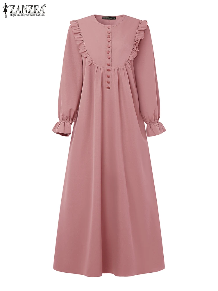 Eid Mubarek bata moda vestidos musulmanes Abaya 2025 ZANZEA mujeres elegante manga larga sólido volantes Vestido de verano IsIamic Hijab Vestido