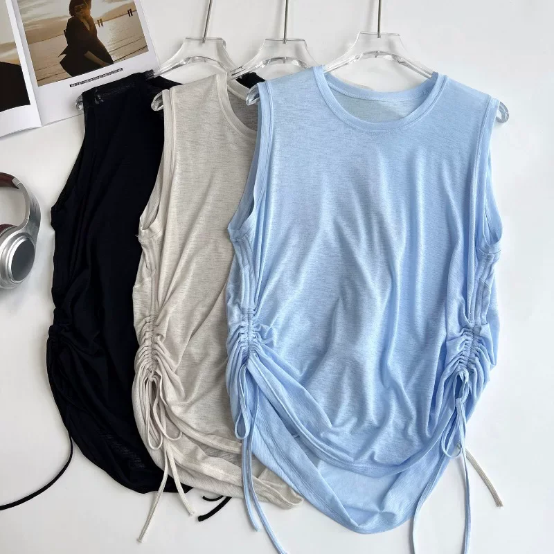 Women's Cooling Slub Fabric Sleeveless Yoga Cover Up Drawstring Hem Flattering Fit for Pilates Gym