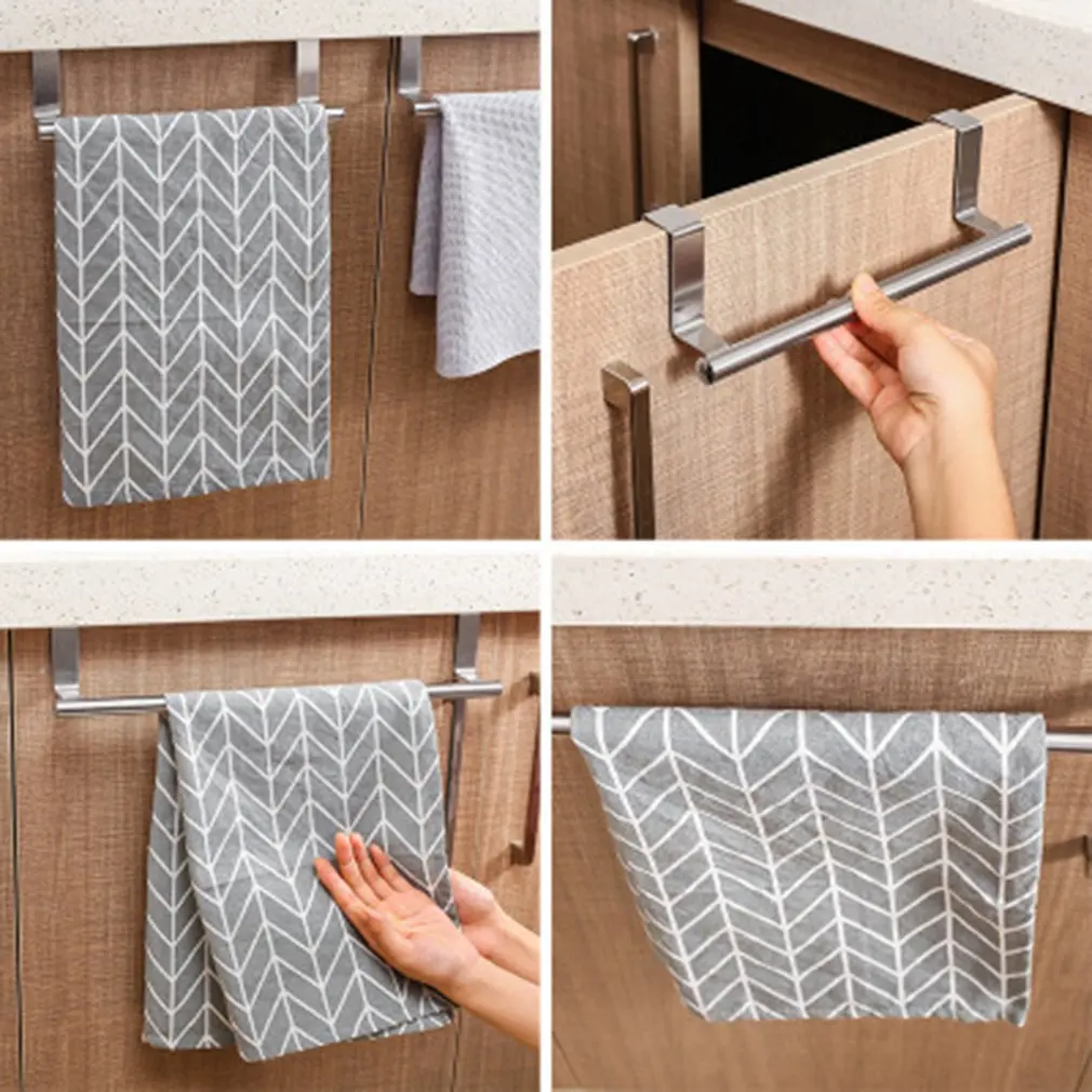 Stainless Steel Single Towel Rack Kitchen Non-Perforated Towel Hanging Rod Cabinet Door Back Rag Hanger