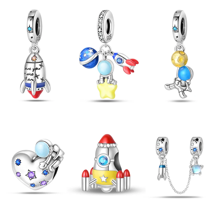 100% 925 Sterling Silver Fashion Space Travel Collection Rocket Astronaut Charms Beads Fit Pandora Original Bracelet DIY Jewelry