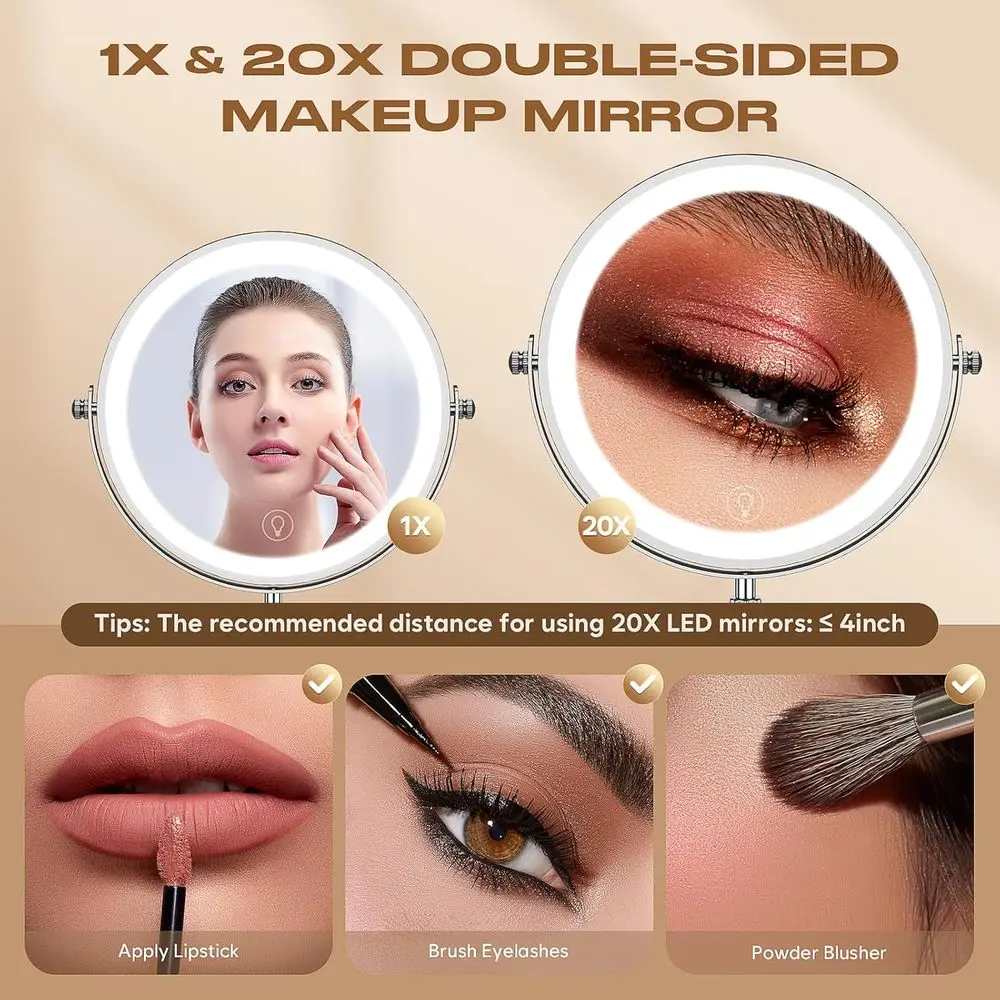 Verlichte 20-x vergrotende make-upspiegel met verstelbare 3-kleuren verlichting en 5000 mAh batterij voor gebruik op het bureau - Ideaal damescadeau