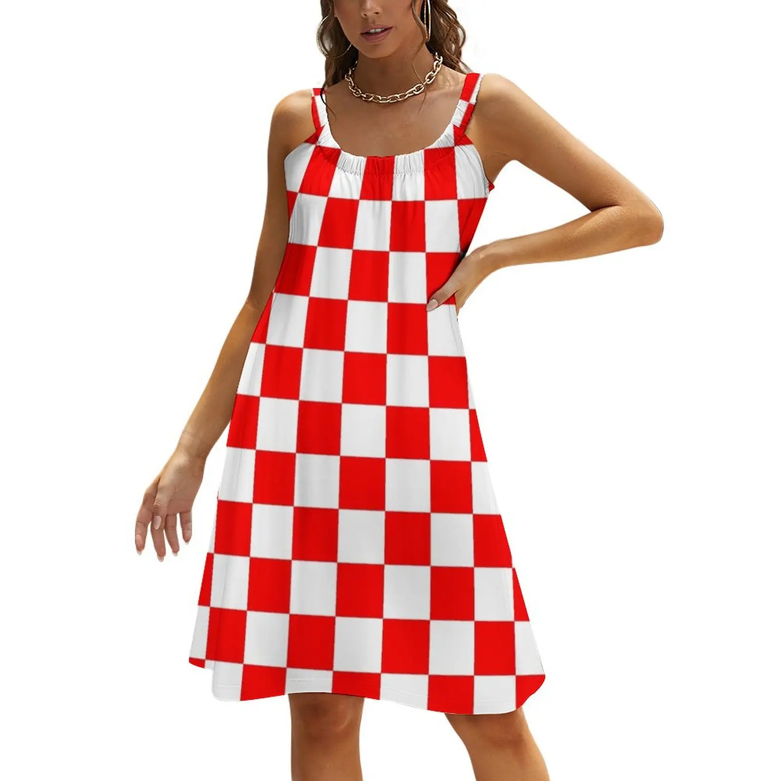 

Red and White Checkered Beach Sling Skirt dress women summer beach dresses Bride dresses Women's clothing