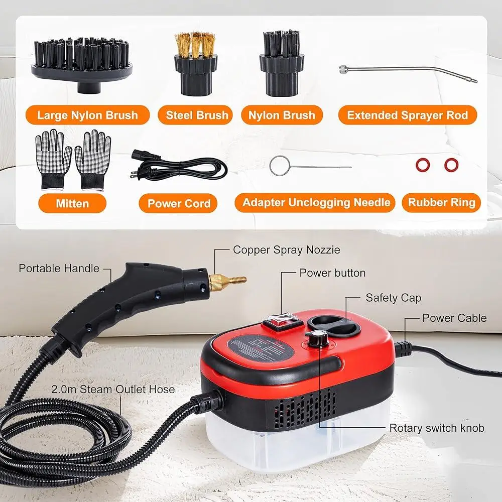 منظف بخار محمول بالضغط العالي 2500 وات تسخين سريع 15 ثانية تنظيف عميق 6 سرعات قابلة للتعديل منظف متعدد الأسطح 9 قطعة