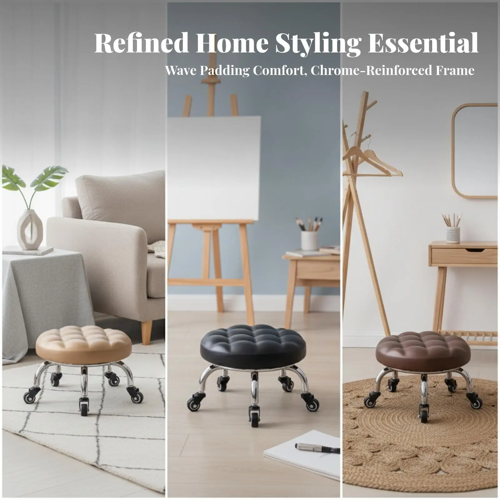 Swivel Caster Stool for Children Moving Seat Portable Leather Tufted Low Backless Chair for Home Vanity Room