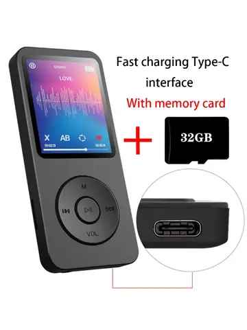 MP3 Player Type-C Interface Fast Charging Port (with 32GB Memory Card) 5.4 Bluetooth Version Music Player FM Recording E-book
