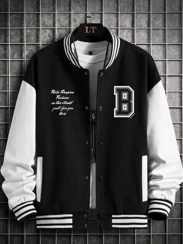 

Бейсбольная куртка большого размера, мужская весенне-осенняя свободная повседневная цветная бейсбольная куртка с буквенным принтом, модное полиэфирное волокно