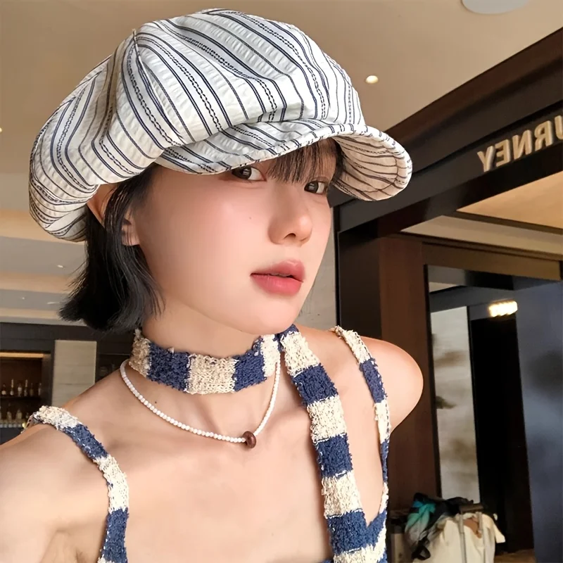 Vintage Striped Pleated Beret for Women Spring Summer Sun Protection Beret Hat Irregular  Painter Cap Large Size Face-Flattering