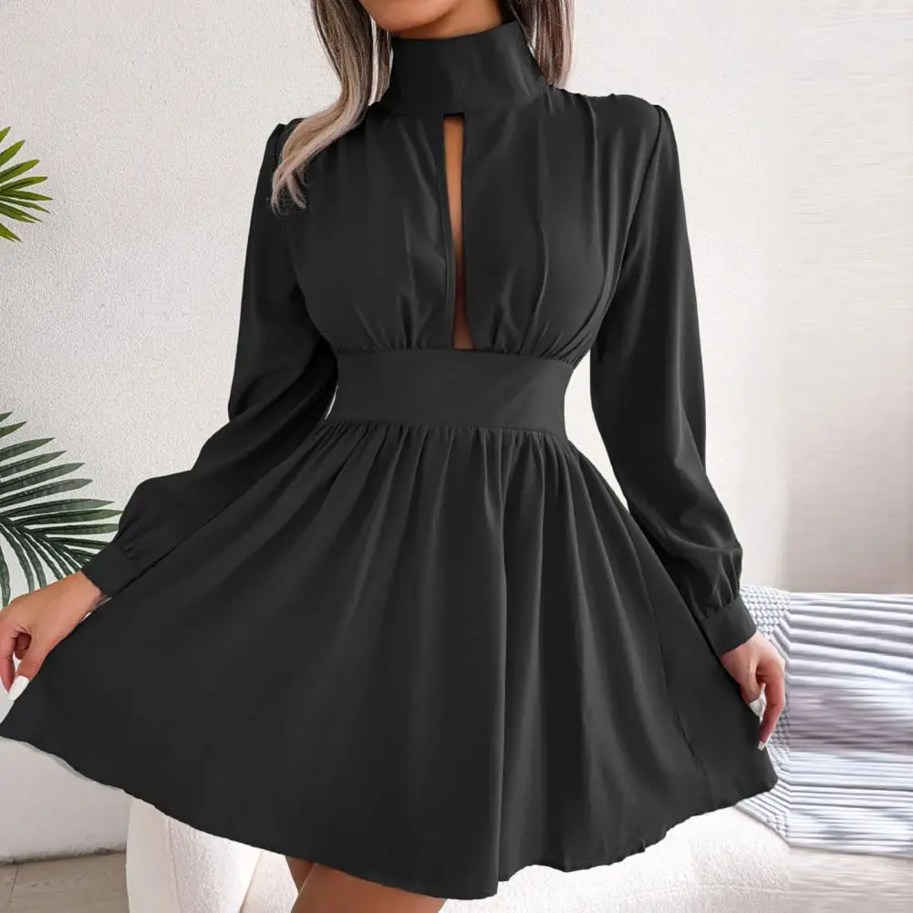 

Commuting Style Dress Elegant High Collar Long Sleeve A-line Mini Dress for Women Solid Color Tight High Waist Party Dress