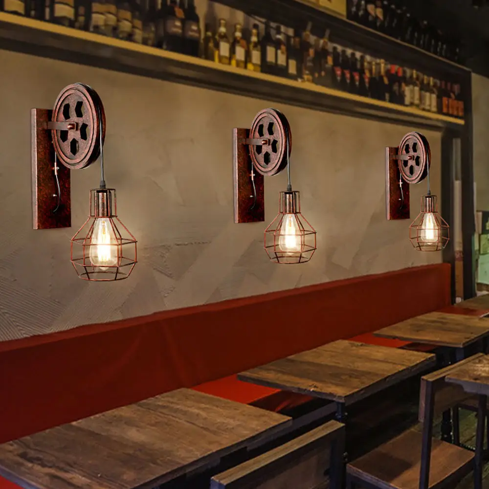 Retro Vintage Wall Light Shade Ceiling Lifting Pulley Industrial Wall Lamp Fixture Iron Loft Cafe Bar Adjustable Sconce Light