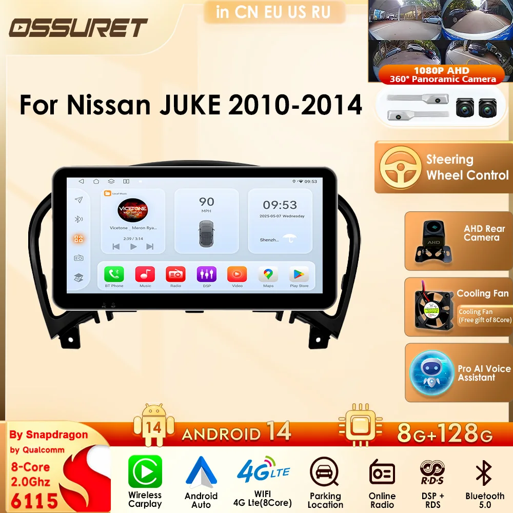 OSSURET 9" Android Auto Smart Car Systems for Nissan JUKE 2010-2014 Carplay Car Radio Navigation Support DSP 360camera OBD DAB+