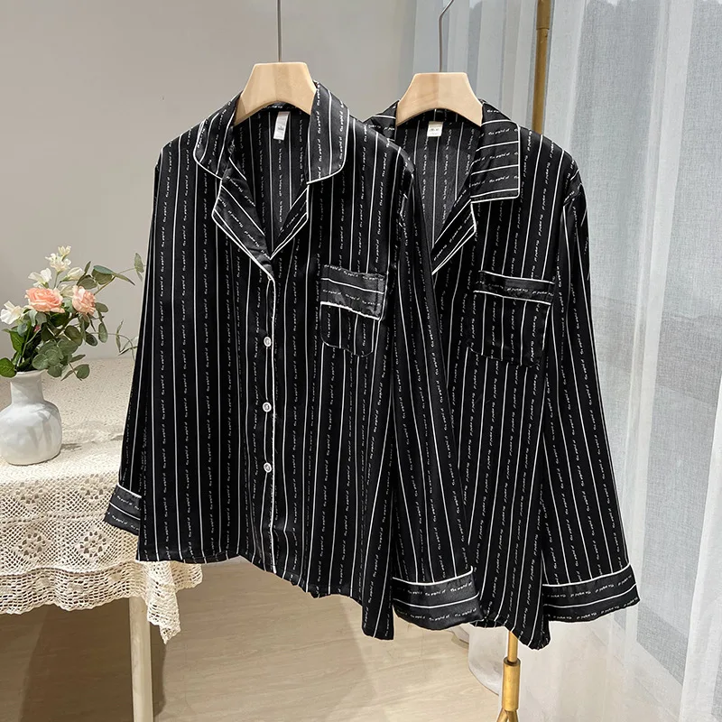 Pijamas de manga longa lingerie íntima 2pcs pijamas terno feminino impressão listrado sono conjunto cetim casual roupa de noite em casa