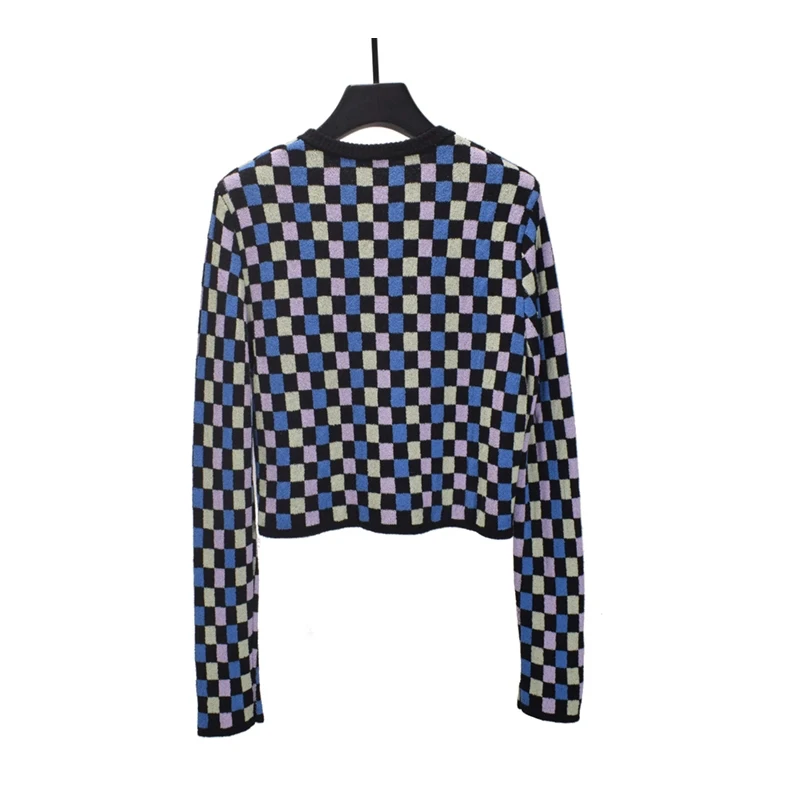 Cardigan Sweater Luxury Designer Women Lattice Splice Checkerboard Plaid Knitted Coat O Neck Slim Fit Fashion Lady Knitwear Top