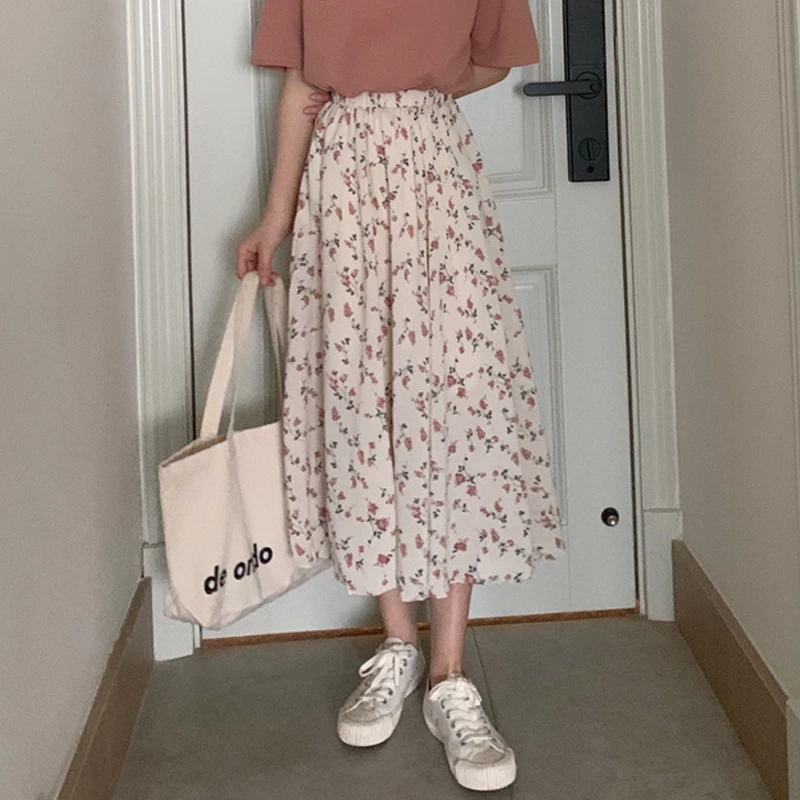 

Women Vintage Floral Print A-line Pleated Long Skirts 2022 Korean Skirt Streetwear Drawstring Elastic Waist Summer Midi Skirt