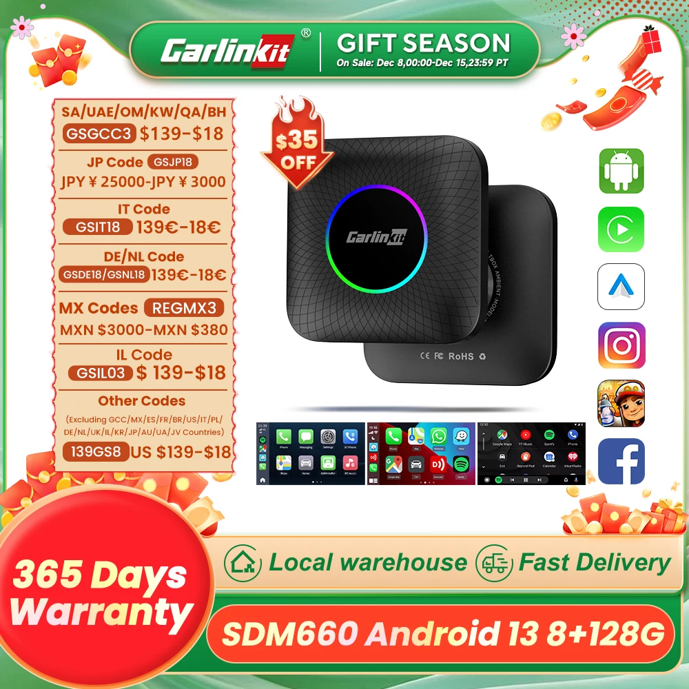 2024 CarlinKit CarPlay Ai Box Android 13 SDM660 Octa-core Wireless CarPlay Android Auto Smart Car Multimedia Streaming TV Box