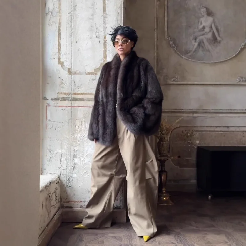 Fl marrom casaco de pele de comprimento médio feminino lapela botão escondido solto elegante outerwear 2025 moda escritório senhora comutar casaco novo