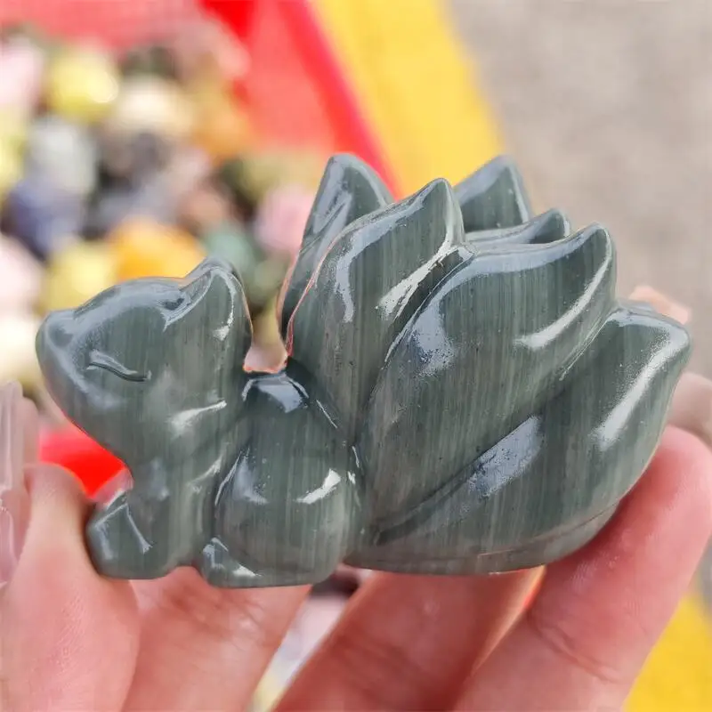 Natural Jade Nine-tailed Fox Carving Crystal Love Healing Fengshui Gemstones Home Decoration Holiday Gift 1PCS