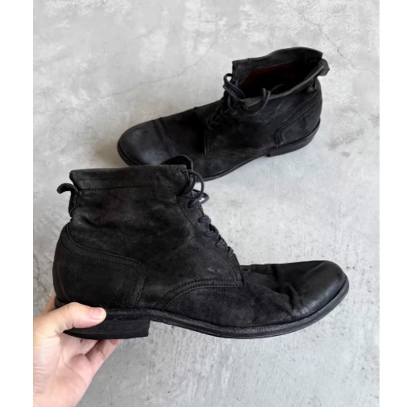 Men Black Washed Suede Lace Up Ankle Boots 2026 Distressed Combat Boots Dark Style Wrinkle Short Work Boots Casual Riding Shoes
