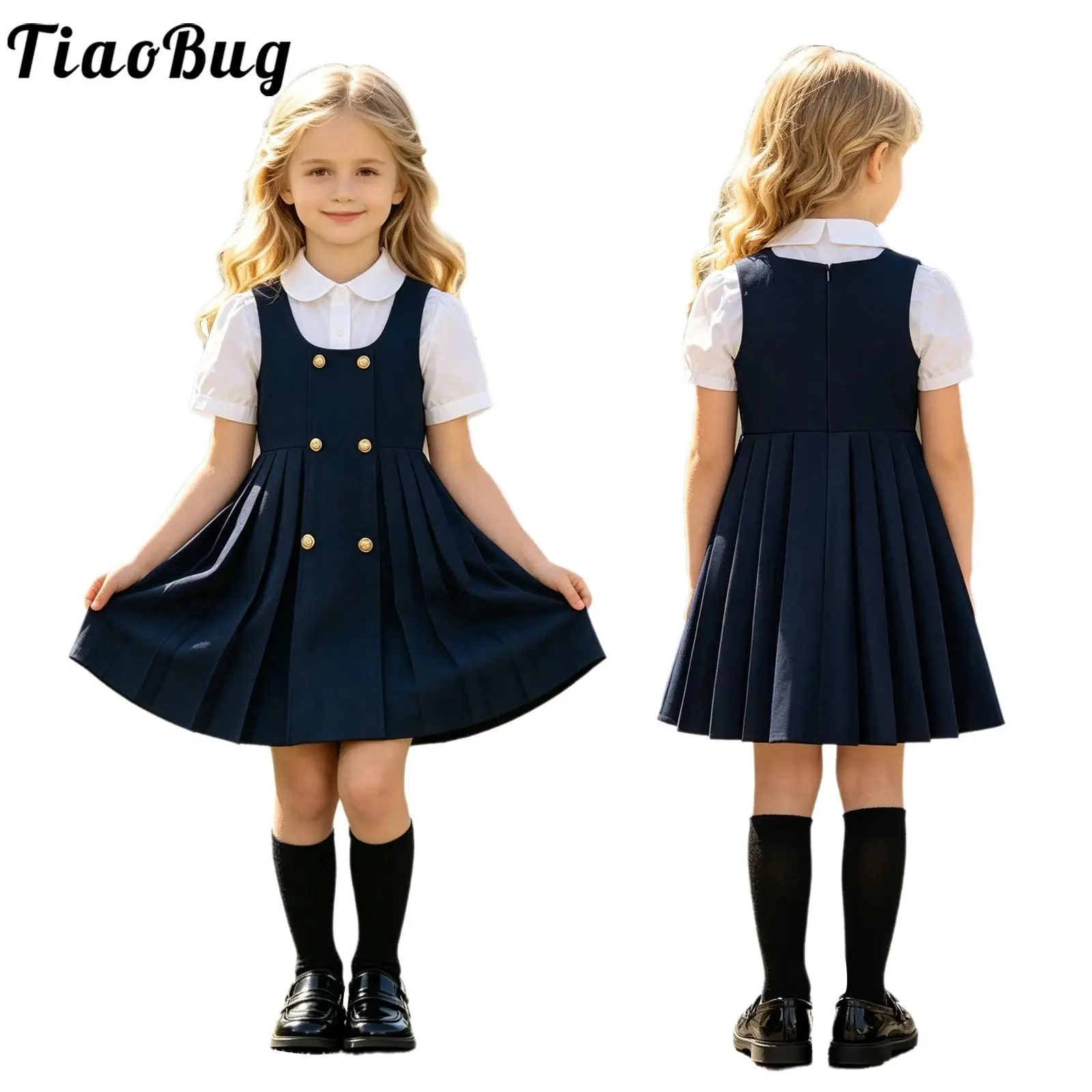 Teen Girls School Uniform Jumper Dress Double-breasted Decor Sleeveless Pleated A-line Tank Dresses College Style Sundress