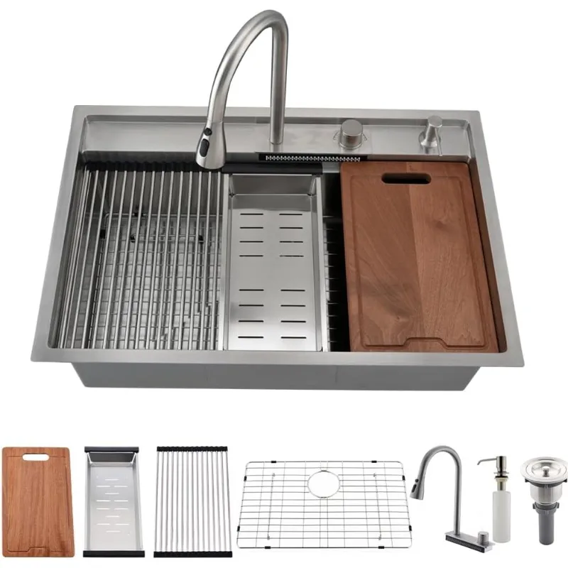 33 Inch Drop In Waterfall Kitchen Sink Workstation-Bokaiya 33x19 Drop In Kitchen Sink Workstation Sink 16 Gauge Deep Steel Bowl