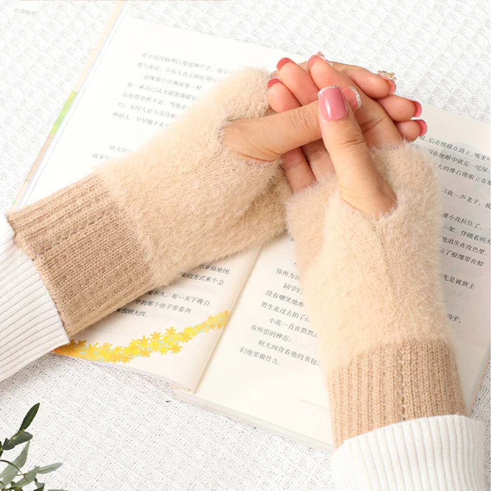 Guantes de medio dedo para pantalla táctil para mujer, guantes sin dedos de imitación de visón esponjoso, guantes elásticos para mano, muñeca,