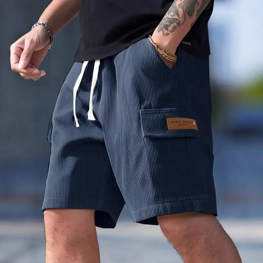 

Men's Summer Striped Loose Casual Big Pockets Shorts Drawstring Elastic Versatile Fashion Knee Length Shorts