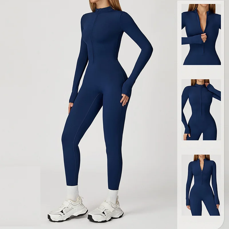 Aiithuug Workout Jumpsuit Zip Up Yoga Rompers Winter One Piece Bodycon Bottom Pants Yoga Jumpsuit Warm Womens Long Sleeve