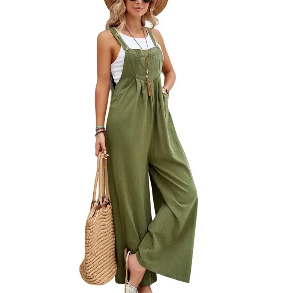 2024 New Summer Women\'s Loose Side Pocket Sleeveless Cotton and Linen Women\'s Dress Jump Suits for Women