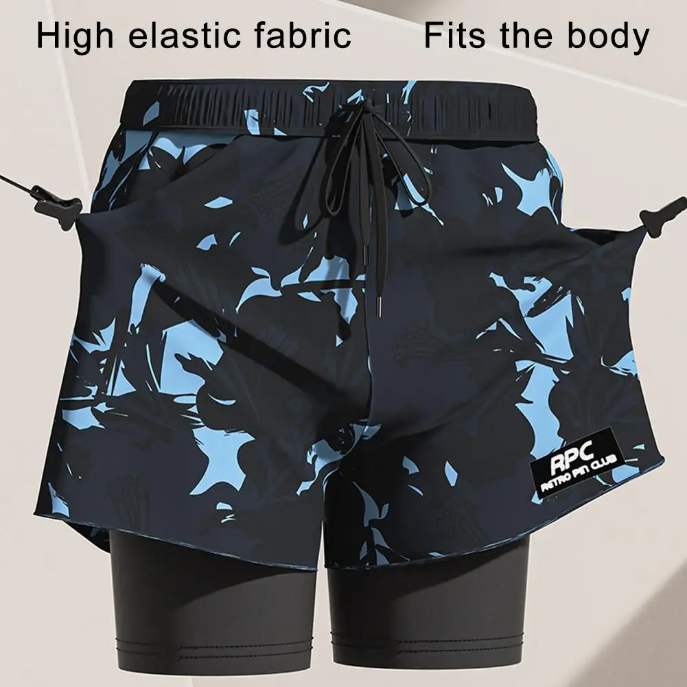 2 In 1 Quick Dry Running Gym Shorts For Men Swimming Trunks With Compression Liner Stretch Breathable Anti-exposure Sports Short