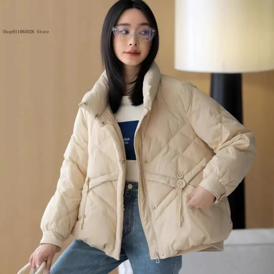 Korean Style Artistic Stand Up Collar Thickened Loose Slim Fit Versatile White Duck Down Warm Down Jacket for Women