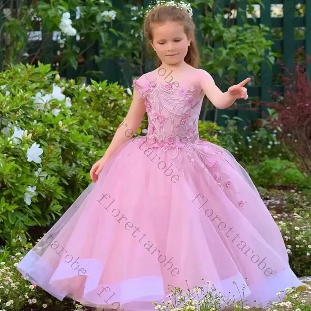 Customized Light Pink A-Line Floral Embroidery Flower Girl Dress for Wedding Birthday Party Quinceañera Princess Ball Gowns