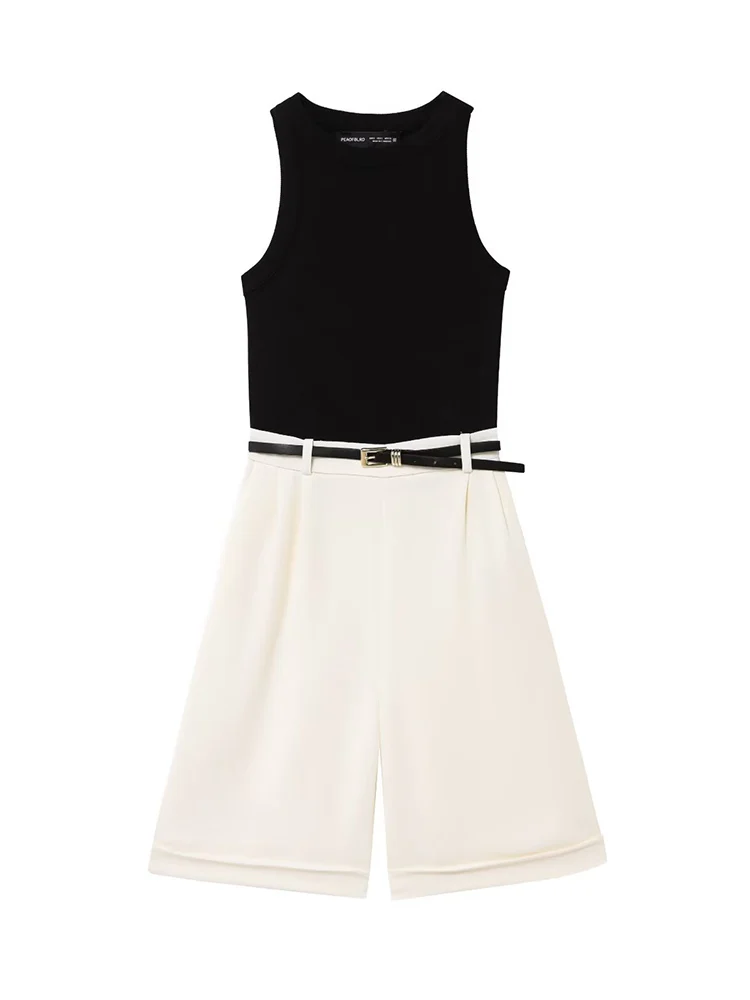 

TFMLN 2025 Fashion Women Patchwork Jumpsuit With Belt Summer Chic Casual O-neck Sleeveless Shorts Slim Wide Leg Jumpsuit