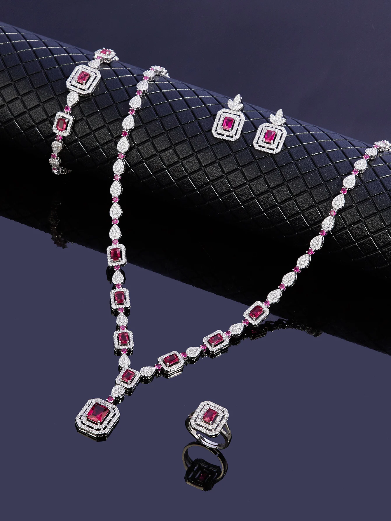 2024 New Elegant Red CZ Crystal Silver Color Big Square Drop Earrings Necklace Wedding Party Jewelry Sets for Women