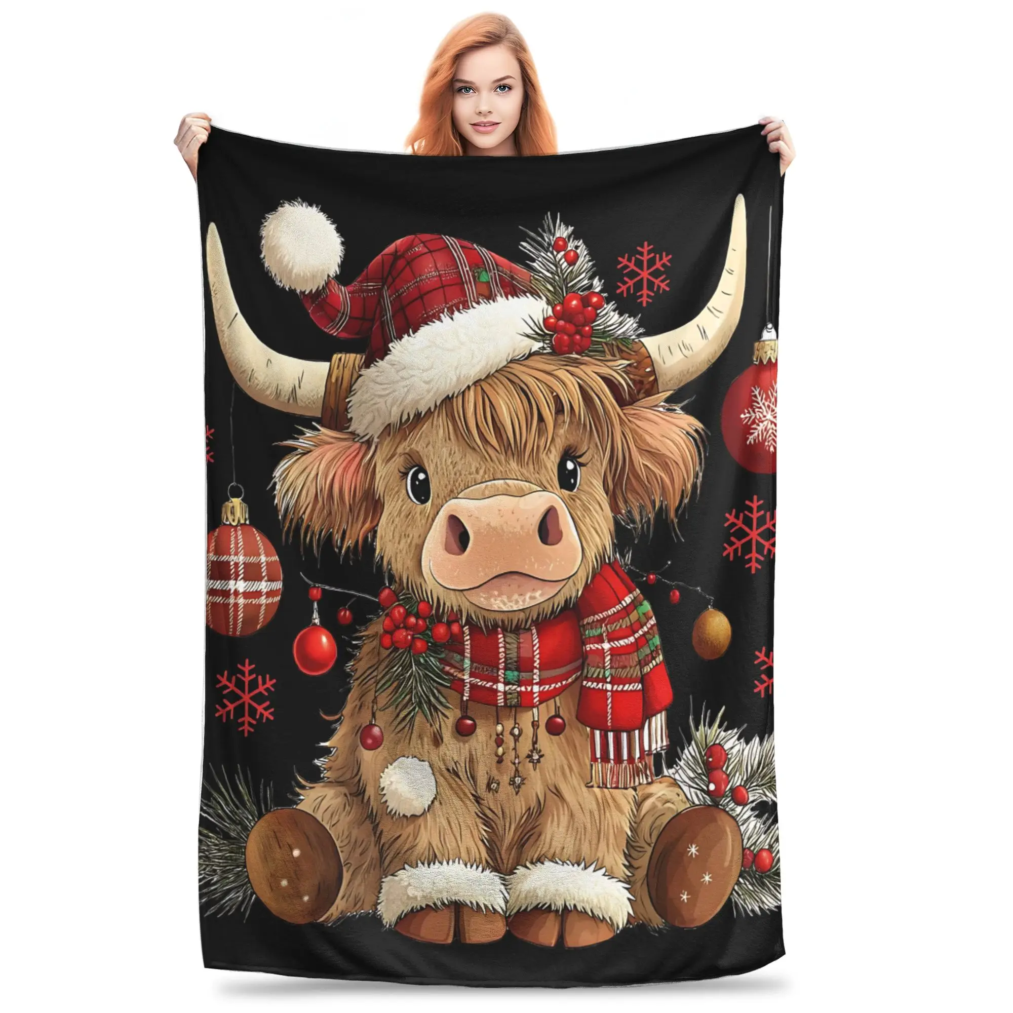 1PC Christmas Highland Cow  home room decorations Winter Blankets for Adults Bedding Home Interior Sofa Knee