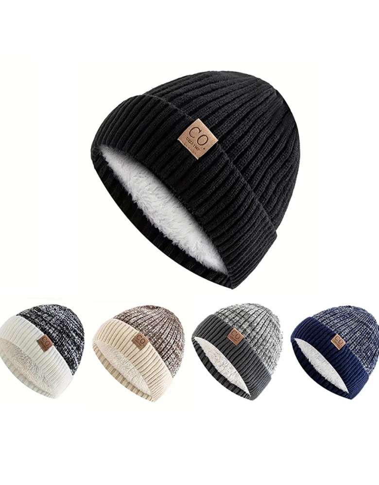 Winter Fashion Unisex Two-Tone Knitted Bean Hat Fur Lined for Warmth Casual Style