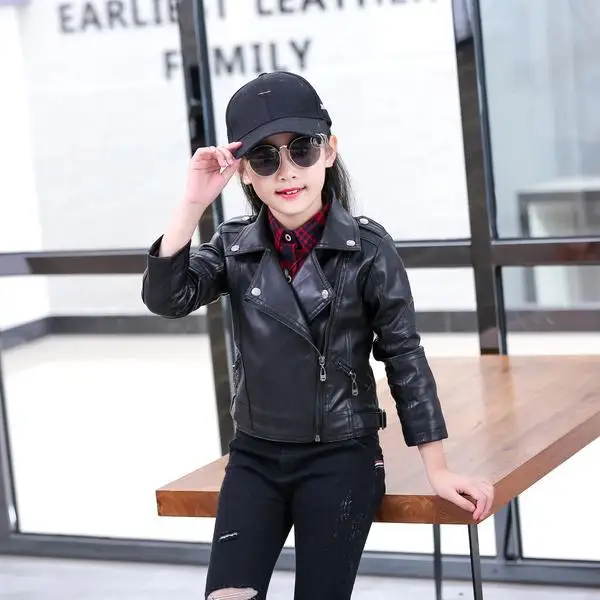 Children Girls Boys Black Pu Jackets Kids Baby Leather Jacket Spring Autumn Cool Coat Children Clothes Overcoats 3-14T