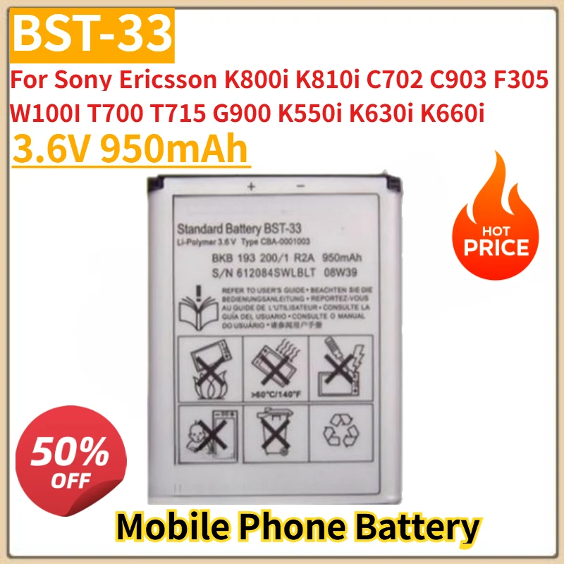 

Новый аккумулятор для мобильного телефона BST-33 3,6 В 950 мАч для Sony Ericsson K800i K810i C702 C903 F305 W100I T700 T715 G900 K550i K630i K660i