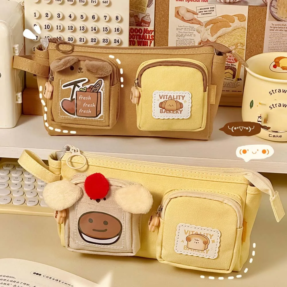 Large Capacity Cartoon Canvas Pen Bag Chestnut PVC Cute Bear Pencil Pouch Pudding Puppy Yellow Stationery Storage Bag Daily