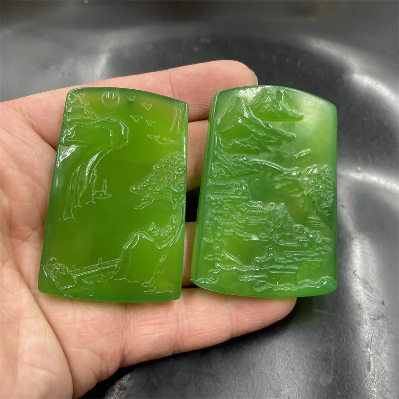 

Inlaid Chalcedony Large Green Agate Landscape Hanging Ornament Jade Pendant