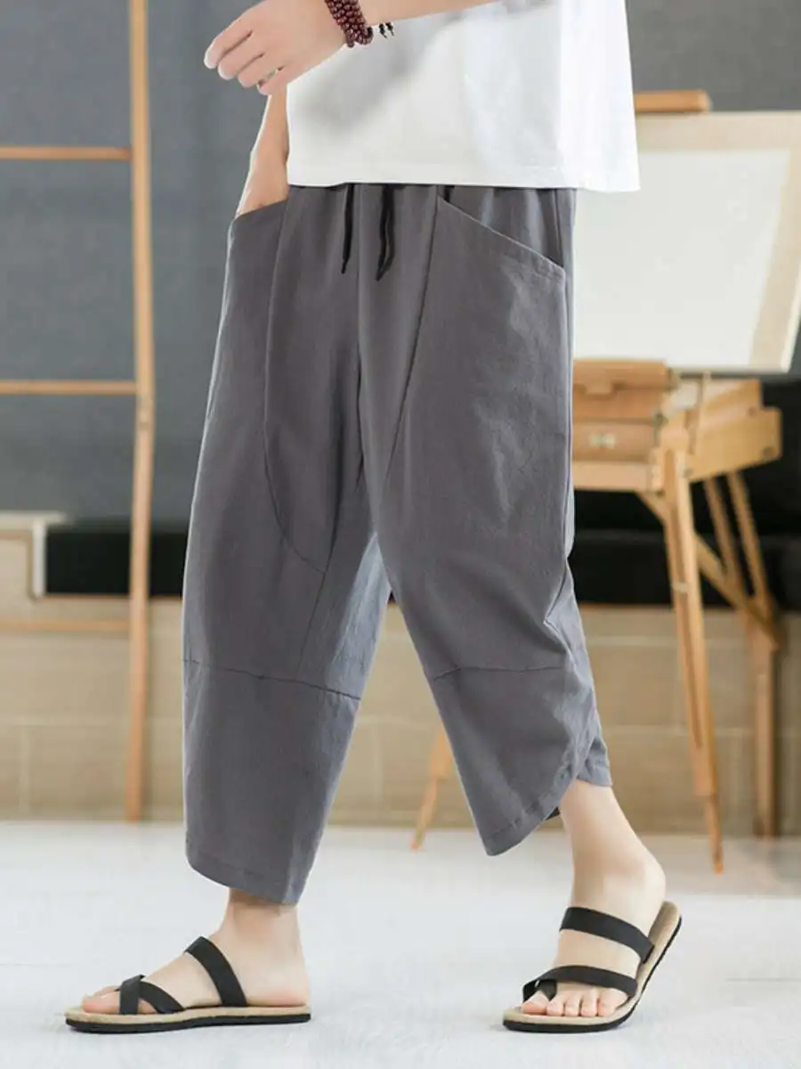 

Men's Casual Cotton Linen Harlan Shorts Summer Beach Loose Wide Leg Pants Seven-Foot Length Trousers Daily Wear Elastic Waist