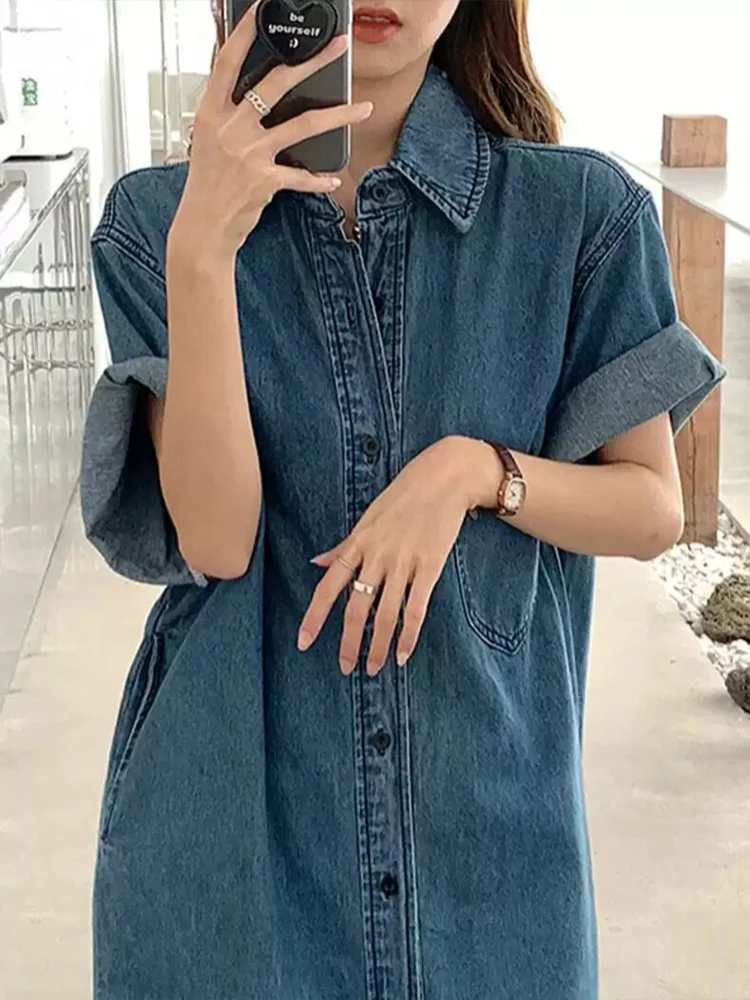 NYFS 2025 فستان صيفي فضفاض مقاس كبير من قماش الدنيم للنساء على الطراز الكوري بأكمام قصيرة فستان طويل رداء Elbise #2