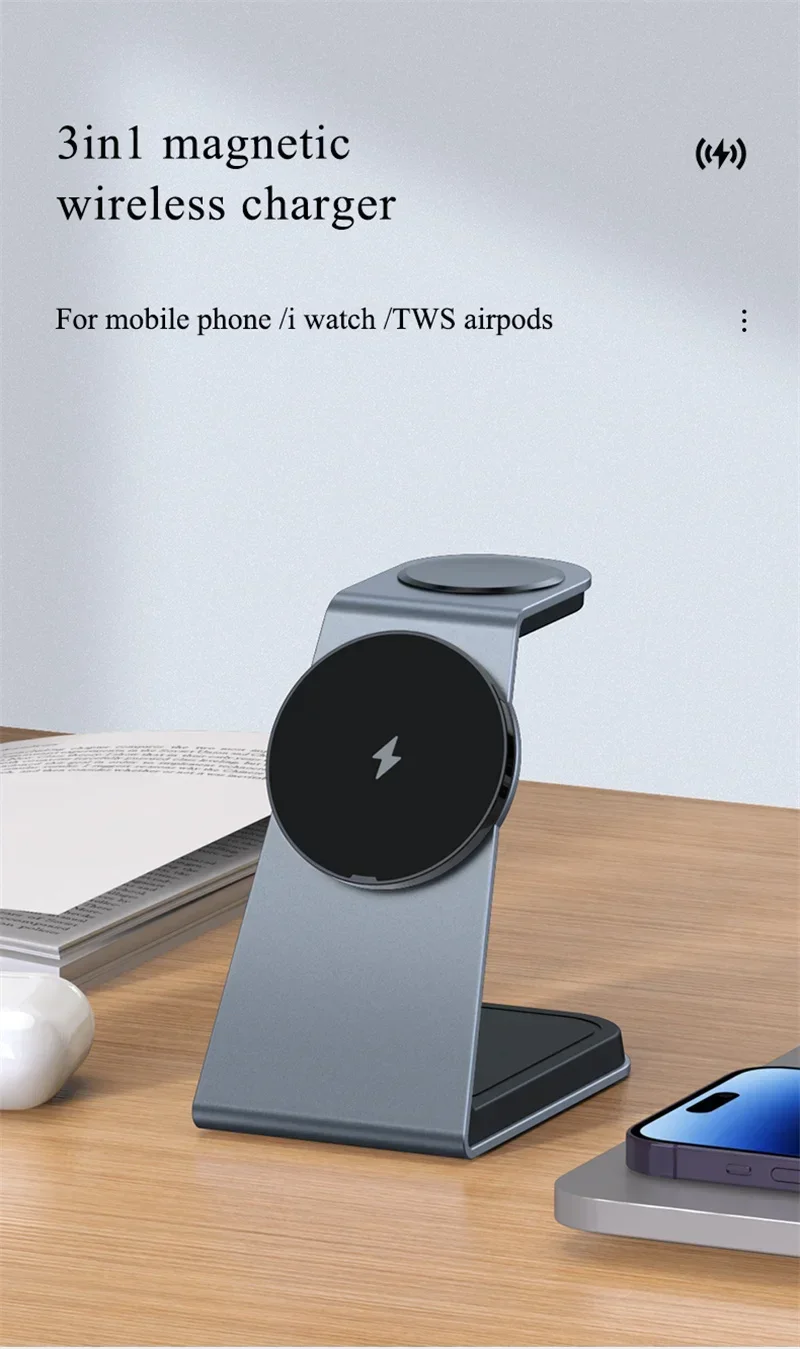 Aluminiumlegierung 3-in-1 Magnetisches Kabelloses Ladegerät Schnelle Ladestation für iPhone 16 15 14 13 Pro Max Apple Watch Airpods – Detail 1