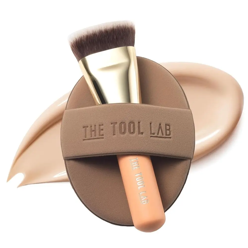 

Premium Base Makeup Set, Liquid Cream Powder Foundation, Blending Face Brush, Sponge, Portable Case, 1.1 Flat Top Brush