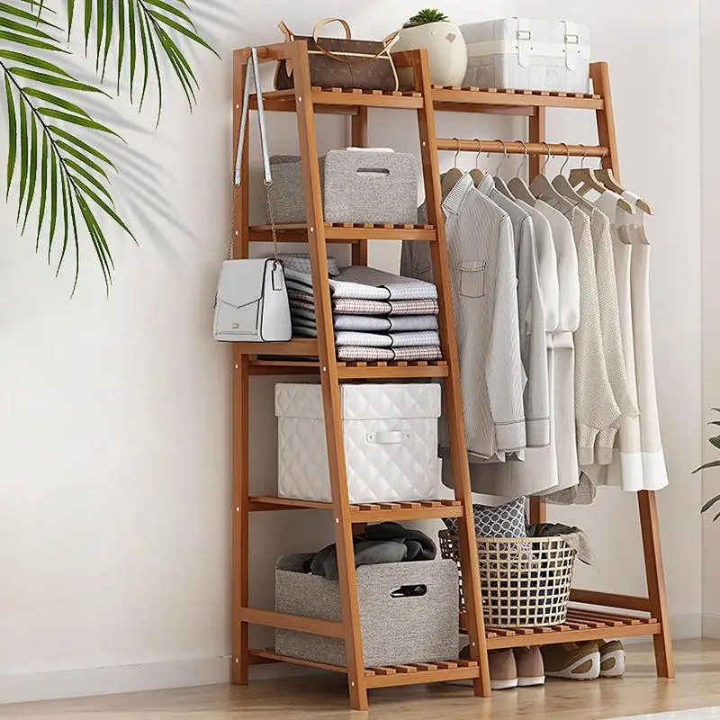 Wooden Clothing Garment Rack With Shelves Floor Clothes Hanging Rack Stand For Kids Adults Cloth Shoe Coat Storage Organizer