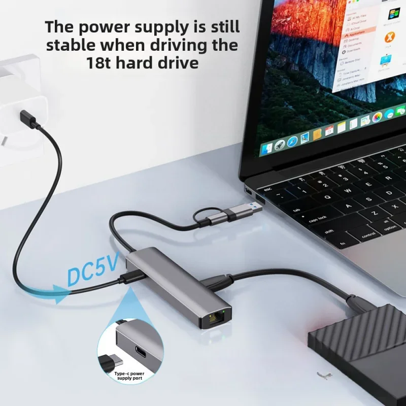 Type-C USB 2-in-1 Gigabit Wired Network Card Connector Adapter for Laptop and Tablet USB to Ethernet 2.5