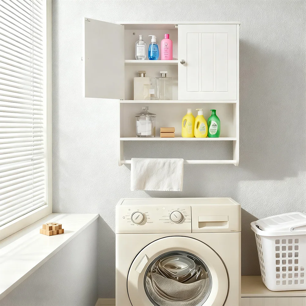

Bathroom Wall Cabinet with Towel Bar & Adjustable Shelf, Over The Toilet Storage Organizer with Double Doors, and Mudroom, White