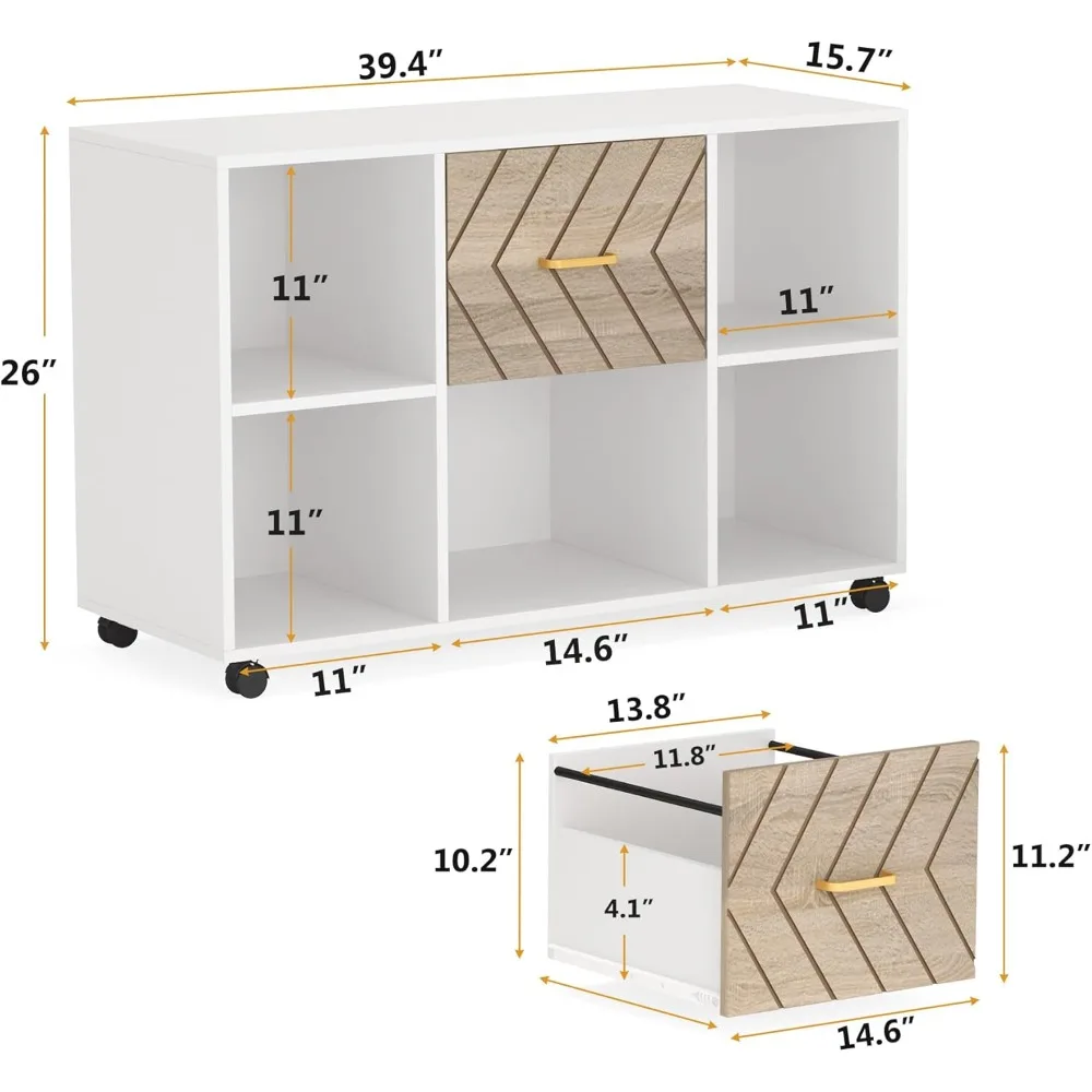 2 Drawer File Cabinet, Large Mobile Lateral Filing Cabinet for Letter Size, Printer Stand with Storage Shelves and Rolling Whee