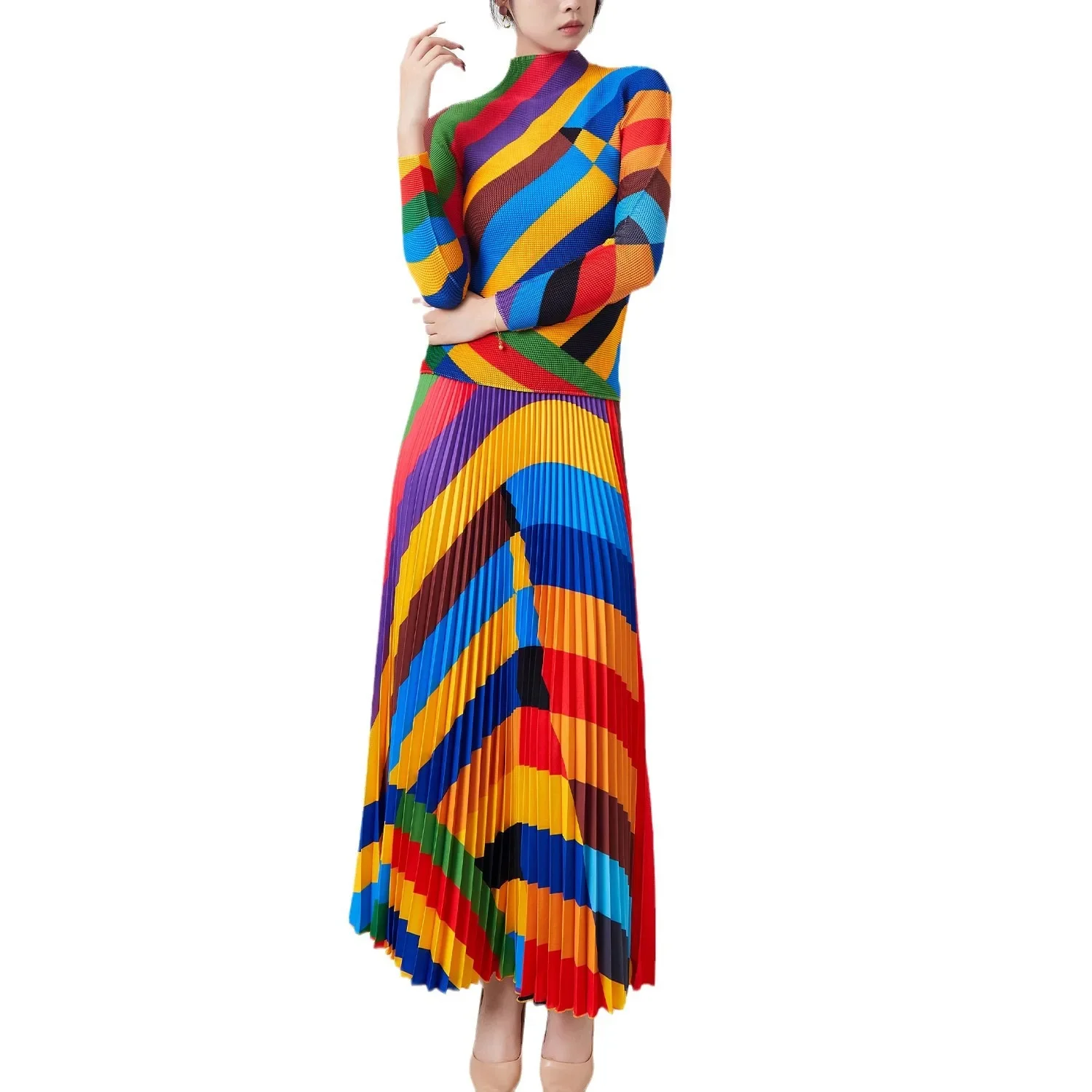 Miyake New Spring Slim Fit Temperament Top High Waist Half Skirt Two Piece Fashion Pleated Stripe Contrast Color Set for Women