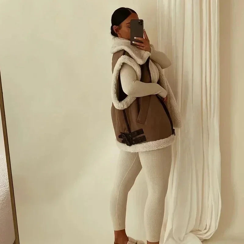 2024Autumn/Winter New Product Women's New Fashion Casual Polo Neck Zipper Tri Color Fleece Panel Tank Top Three color fleece